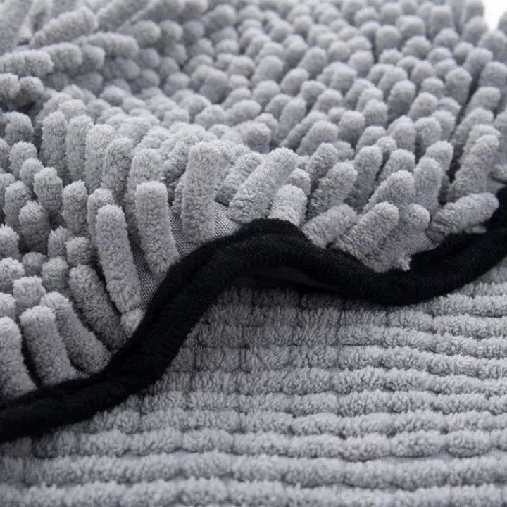 Blue pet bath robe towel wrapped around a dog, showing quick-dry fabric and bathrobe style design.