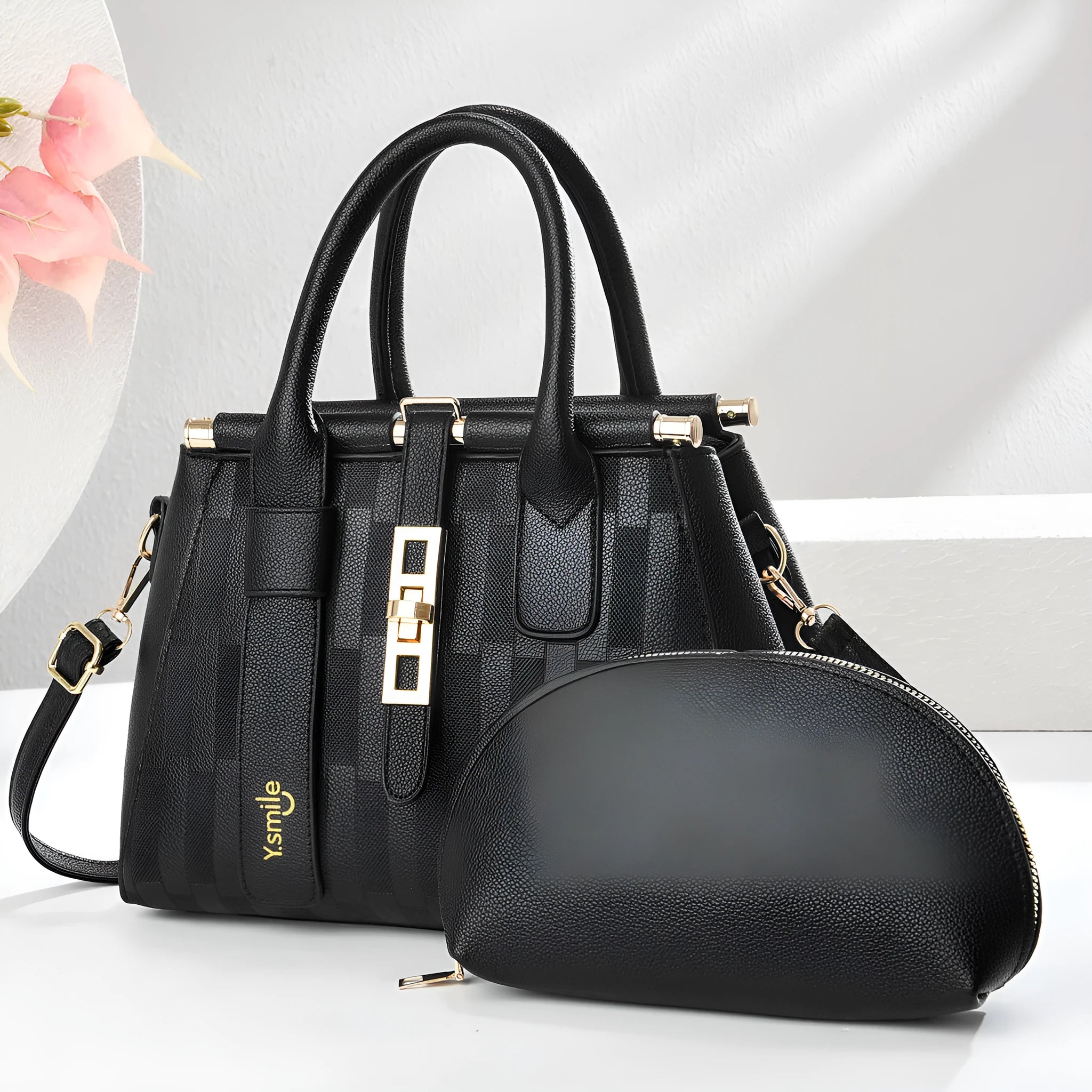 Round PU leather crossbody handbag in light khaki colour showing front view and adjustable shoulder strap.