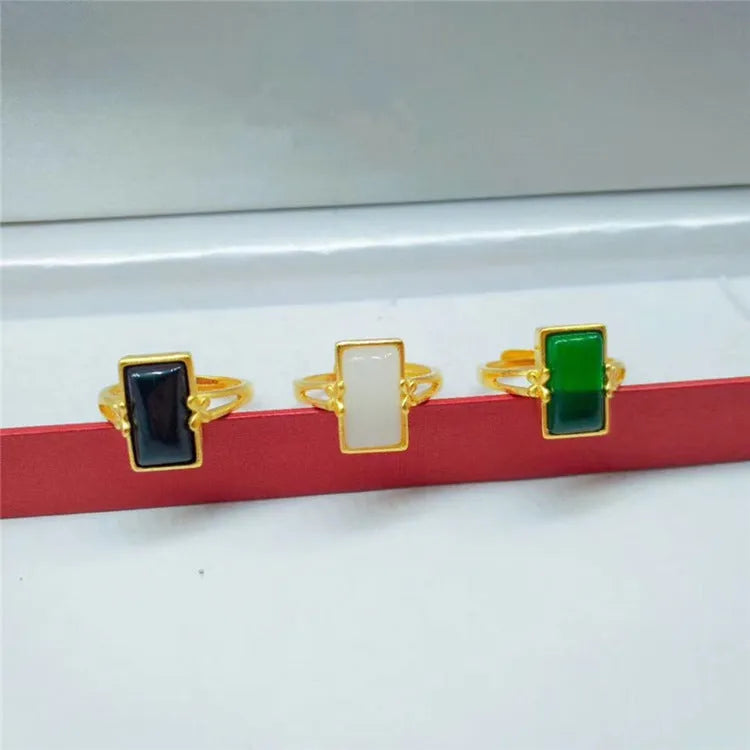 Adjustable national style gold-plated brass ring with gemstone inlay in black, green, or white colour options