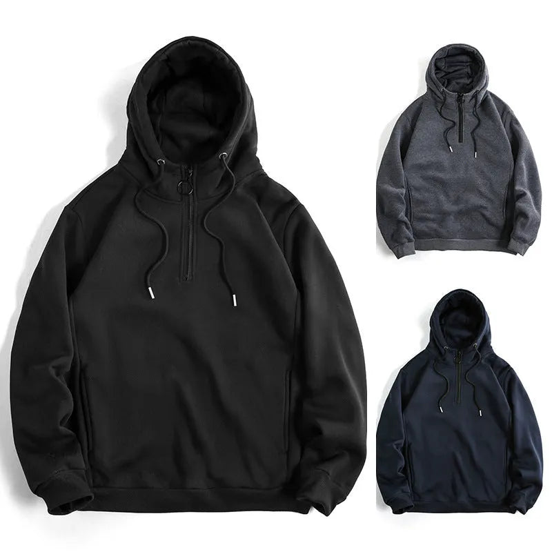 Men's Loose Casual Solid Color Hoodie in Polyester Fibre, Slim Fit Pullover Sweatshirt Available in Black, Dark Gray, Navy Blue, Sizes S M L XL 2XL, Large Size Suitable for Big Builds, Asian Sizing Note Provided