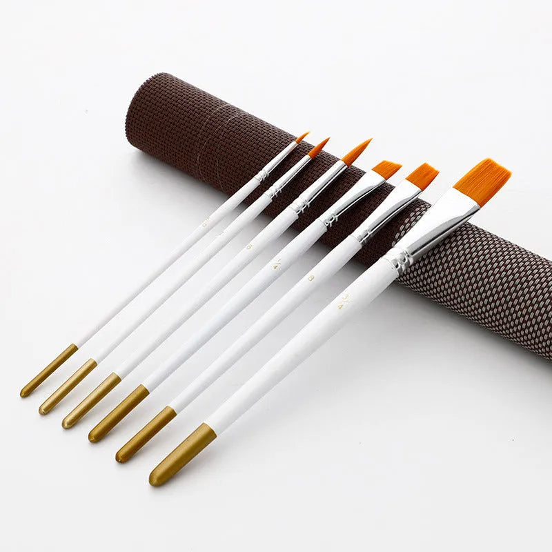 Set of six acrylic watercolour brushes with wooden handles and different sized nylon wool heads.