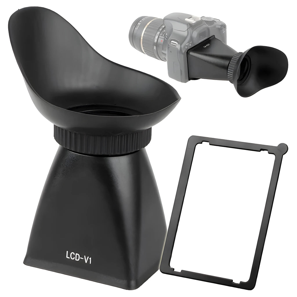 Black camera framing amplifier viewfinder with optical lens for DSLR and mirrorless cameras
