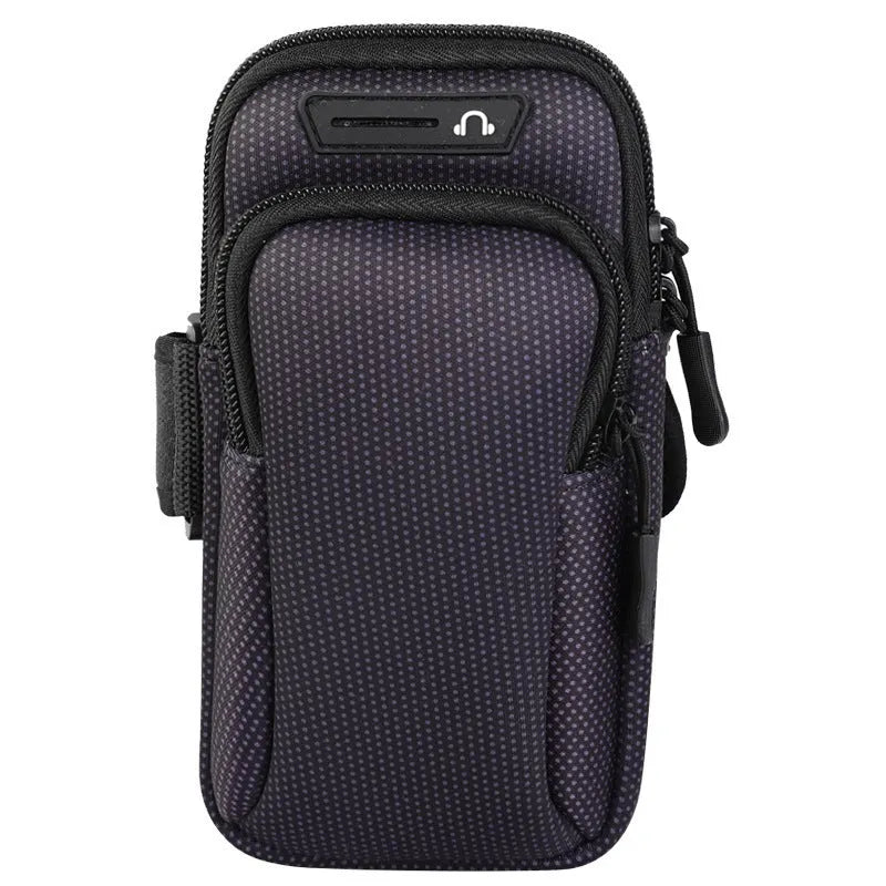 Nylon mobile phone arm bag in black with waterproof fabric and breathable mesh backing