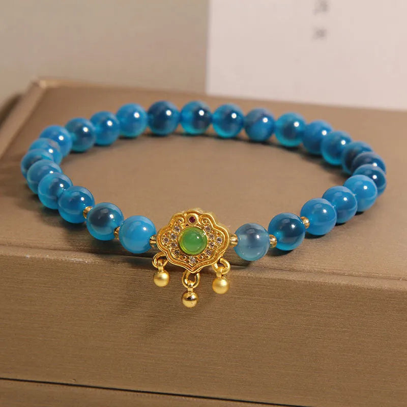 Blue sugar heart agate jade safety lock pendant women's bracelet with rhinestone alloy inlay crystal construction