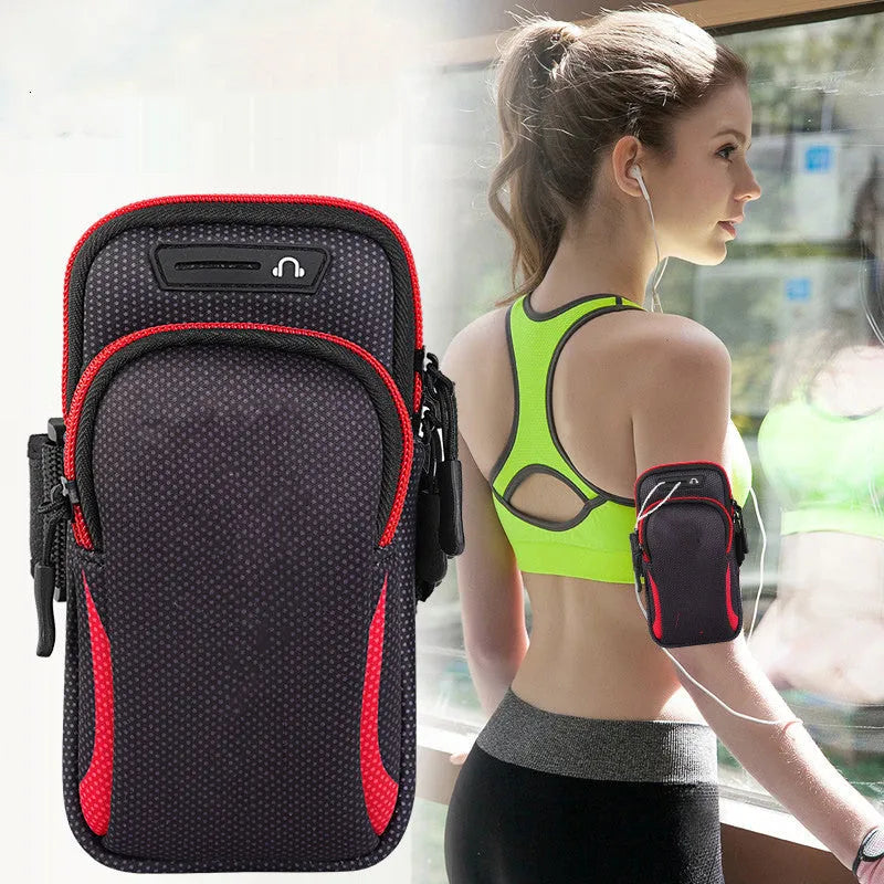 Nylon mobile phone arm bag in black with waterproof fabric and breathable mesh backing