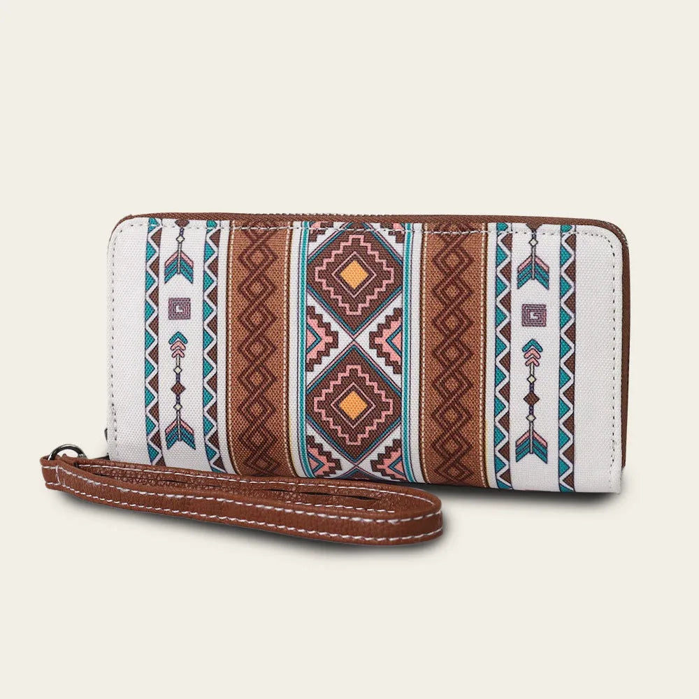 Bohemian striped canvas RFID wallet showing card slots and 20x10x2cm dimensions