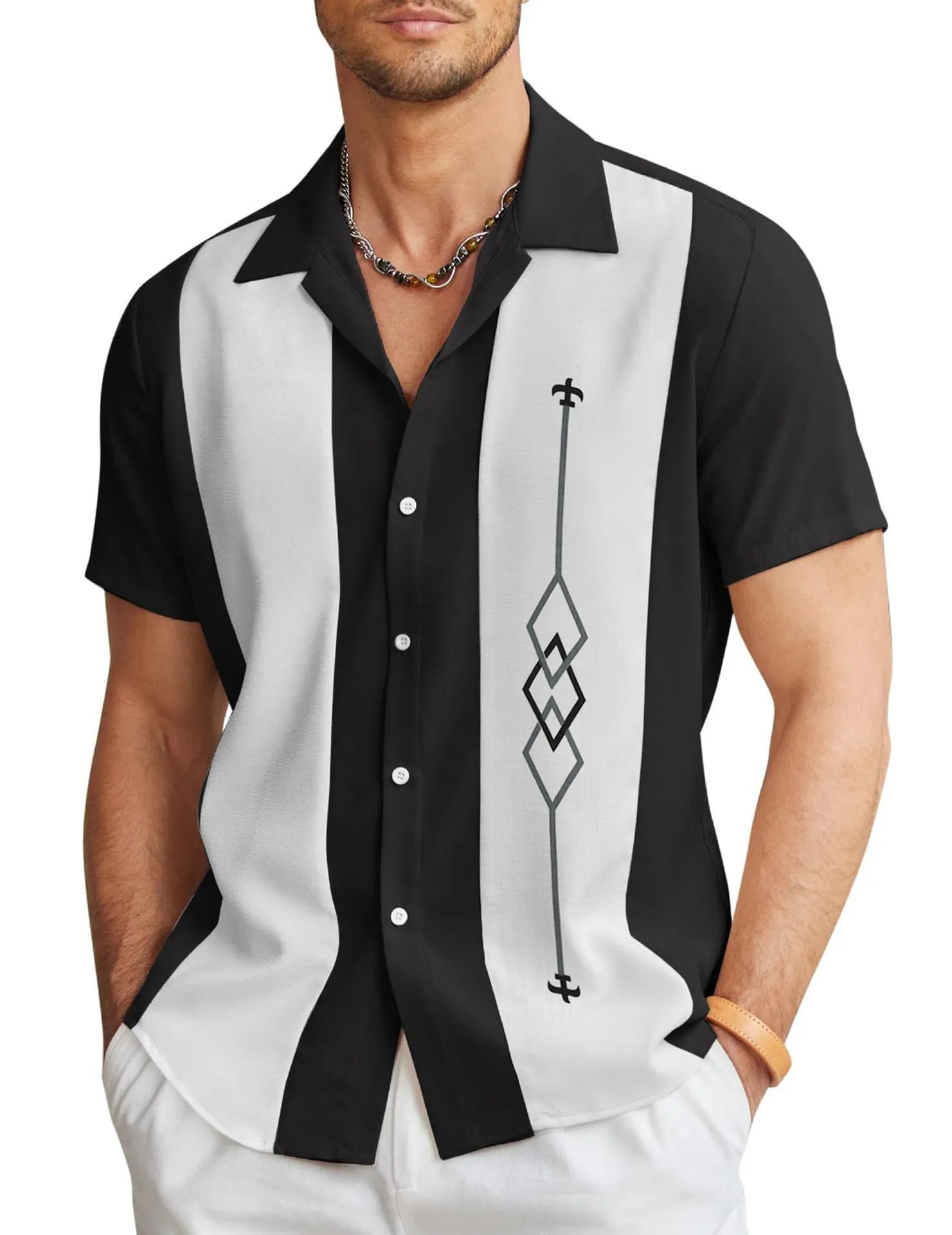 Men's slim fit Hawaiian shirt with digital printed pattern on four-way elastic polyester fabric