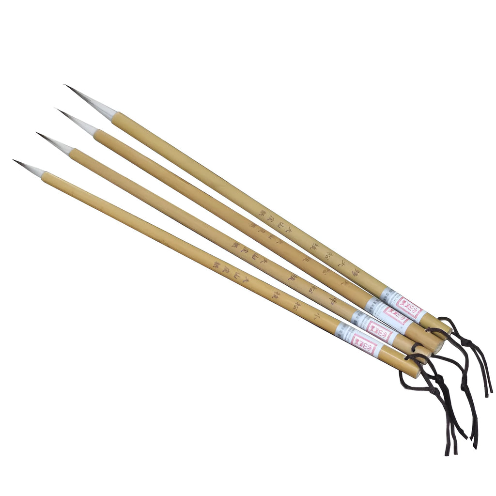 Four fine lower case writing brushes with thin gold body and mixed hair bristles in pine branch colour
