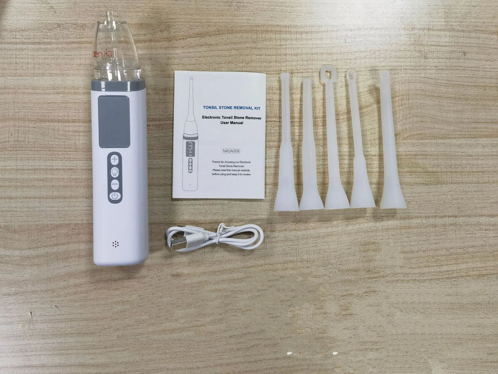 Milky white oral hygiene tool for tonsil stone and dental calculus removal.