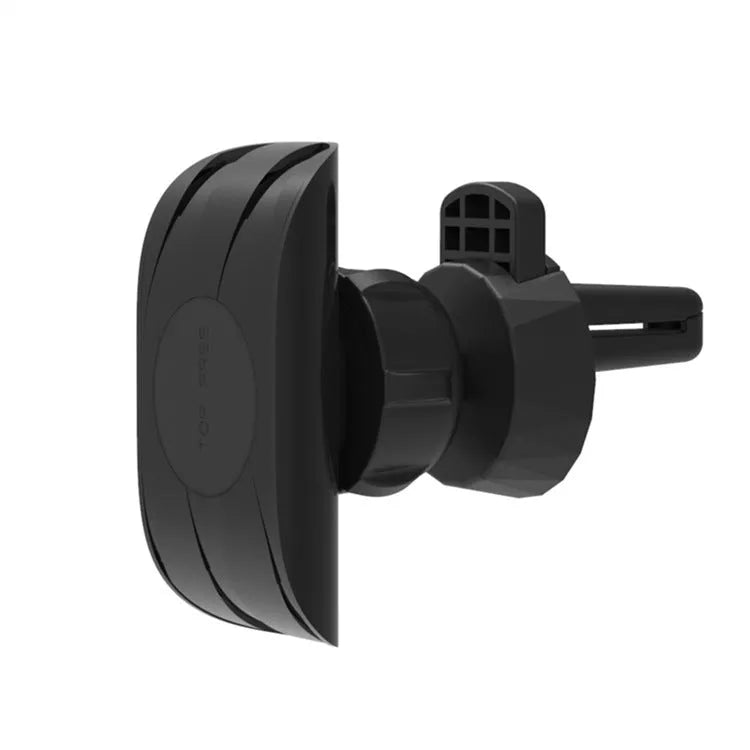 Black car phone holder mounted on vehicle air vent with adjustable clamping arms extended