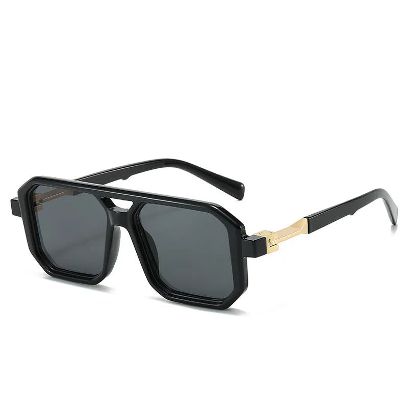 Retro double beam pilot sunglasses with polarised lenses in various colour options including black, blue, and leopard print.