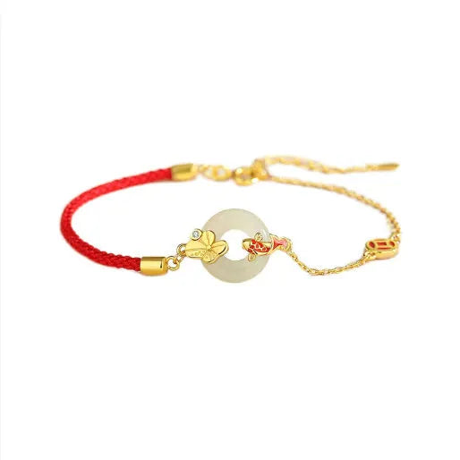 Women's koi peace buckle bracelet in 925 silver with electroplated gold finish on red rope