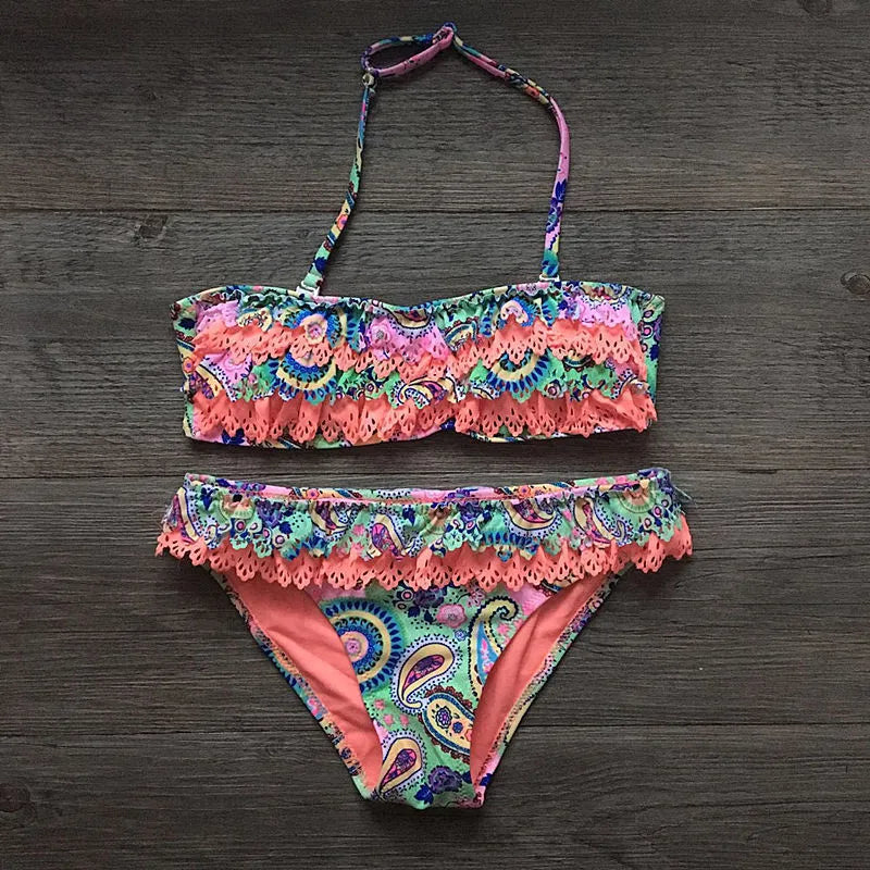 Children's nylon ruffle bikini swimsuit for girls aged 7-14, available in multiple colours