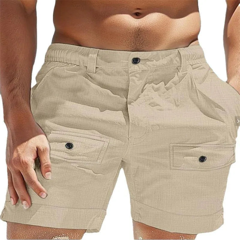 Men's linen shorts with elastic waistband and button pockets in straight leg style