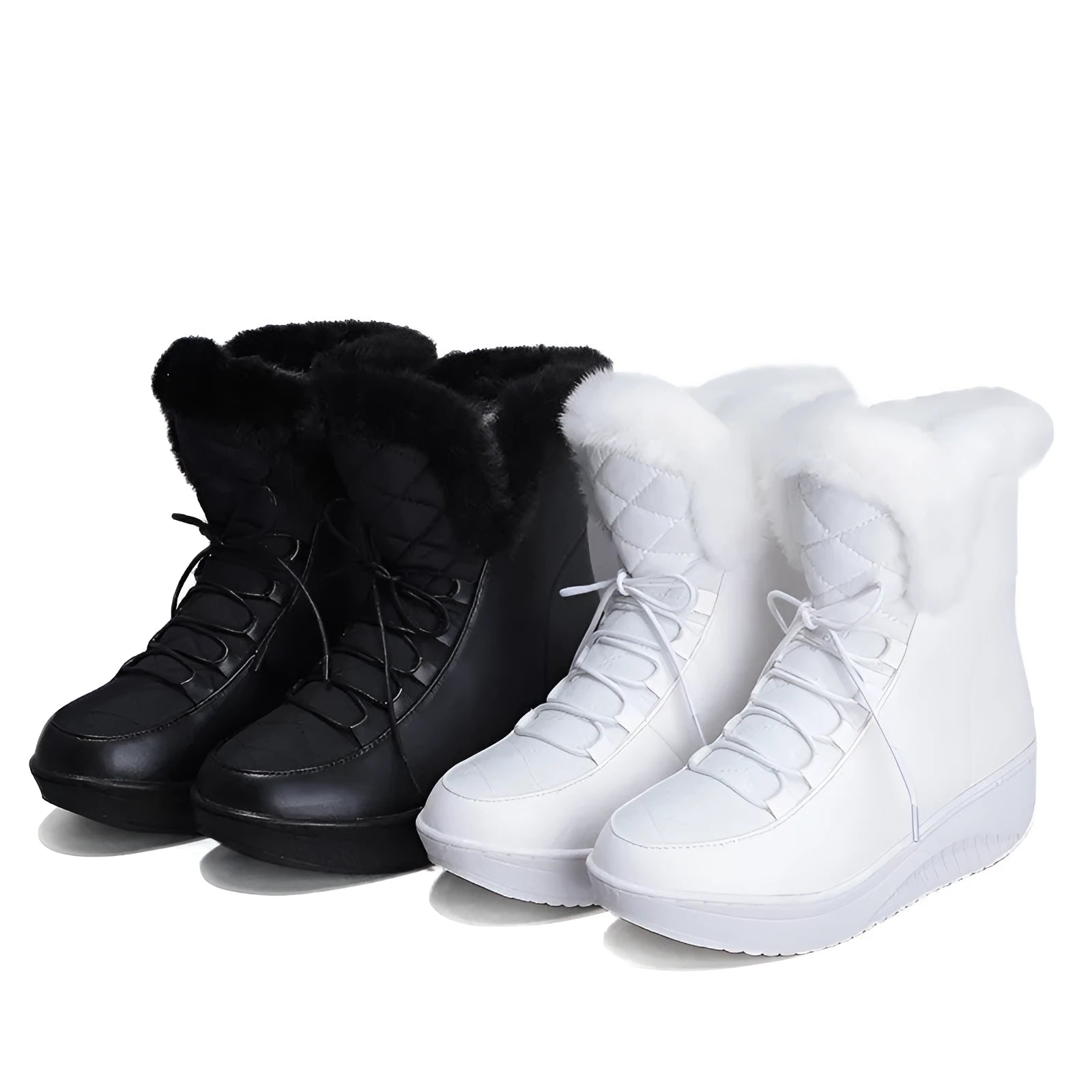 Women's black platform winter boots with lace-up front and water-resistant PU leather.