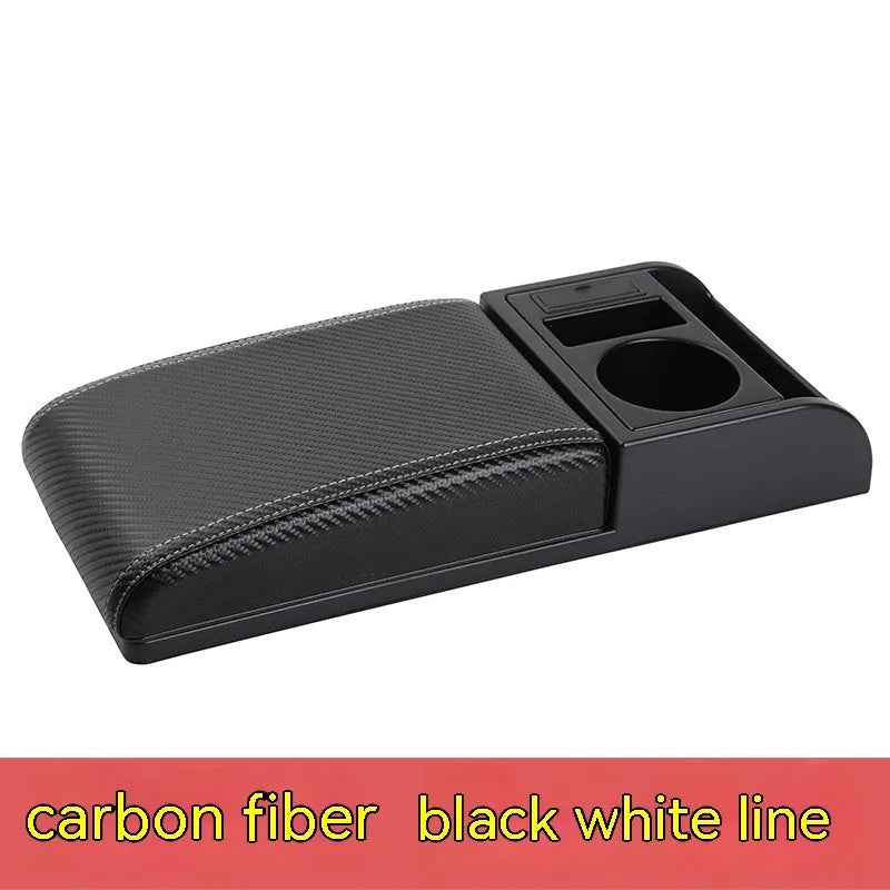 Universal automobile armrest cover with height adjustment in black PU leather finish