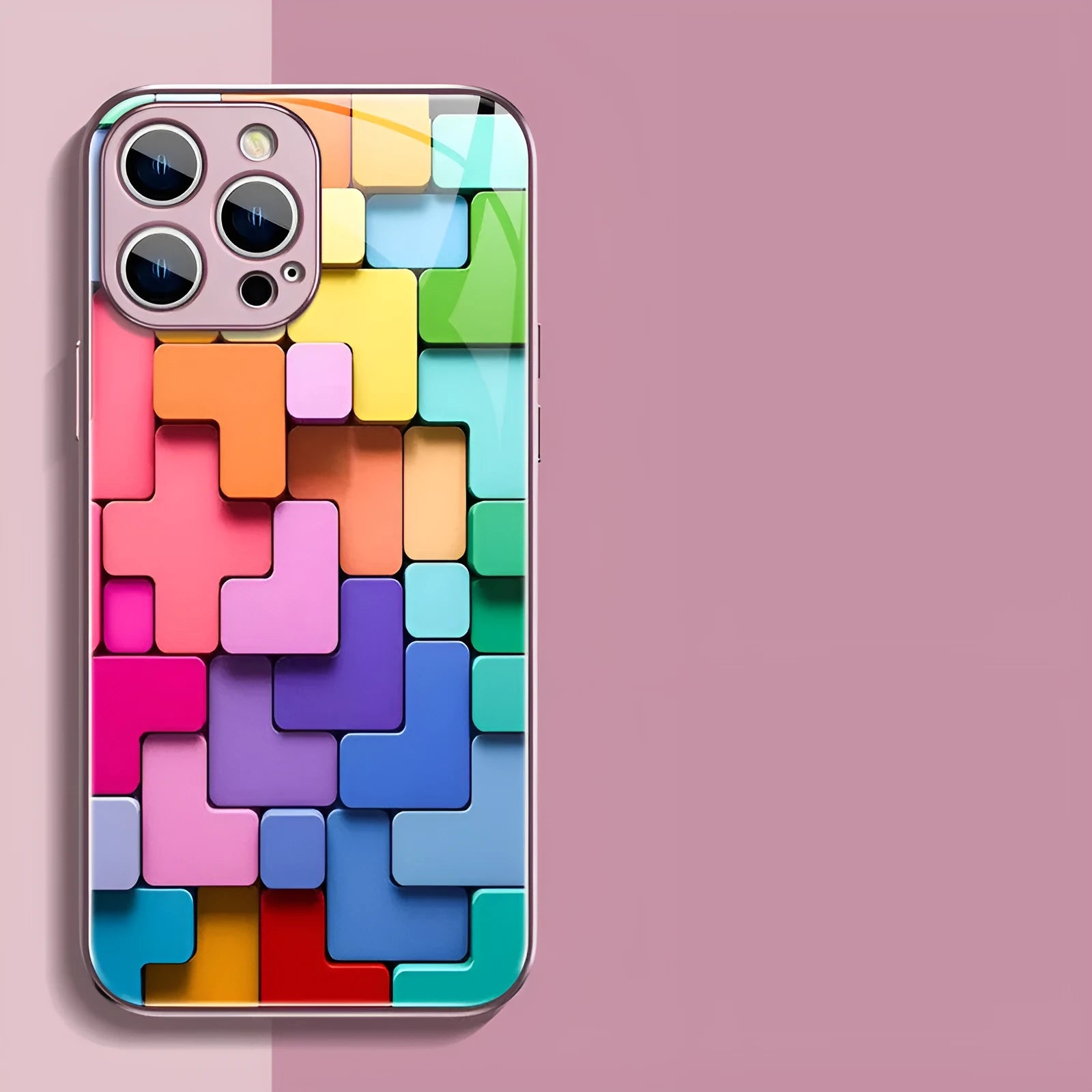 Colourful geometric building block design silicone case for iPhone on a white background.