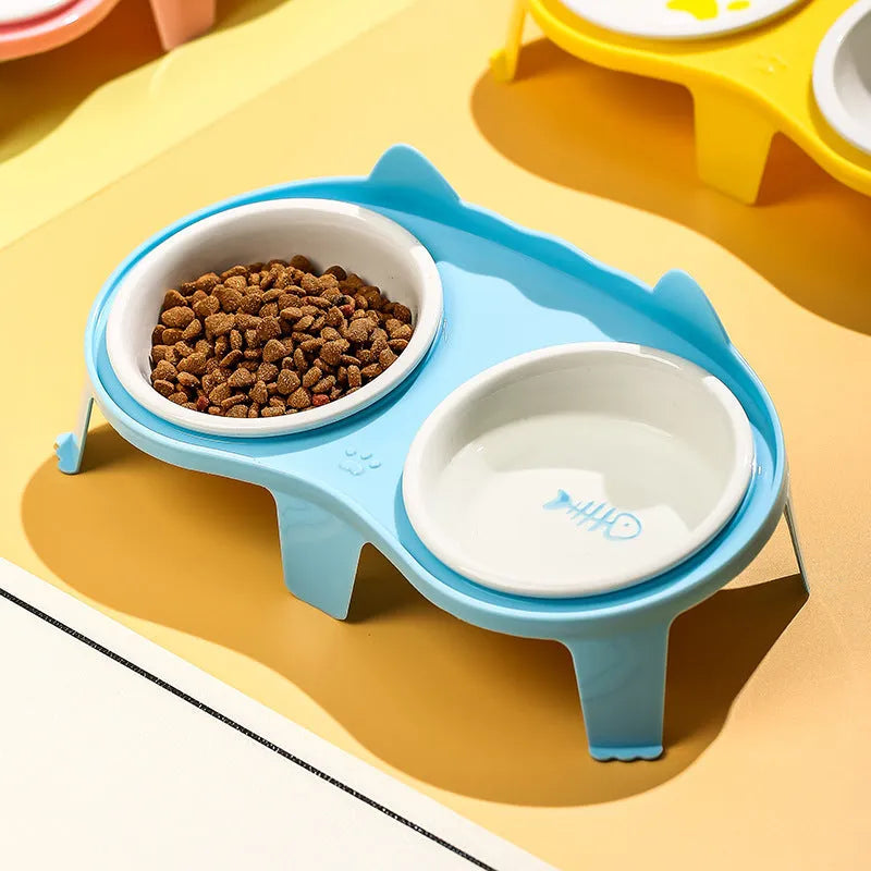 Blue elevated ceramic pet bowl set with two bowls and a stand with hook