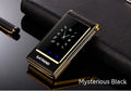 Black dual screen flip mobile phone showing both internal touch screen and smaller external display.