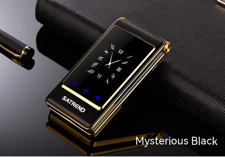 Black dual screen flip mobile phone showing both internal touch screen and smaller external display.