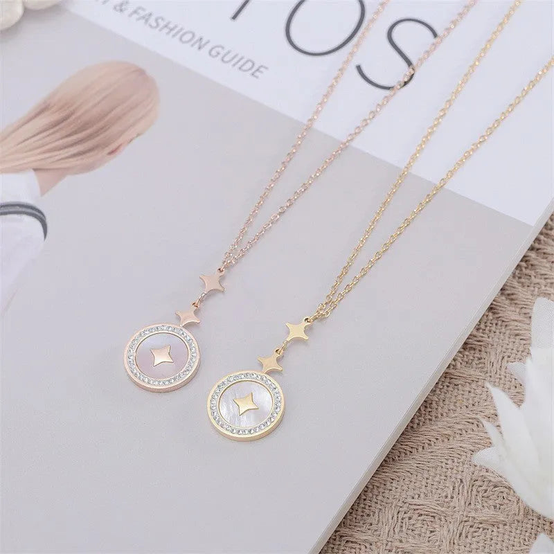 Women's titanium steel six-pointed star necklace with O-ring chain in gold or rose gold colour