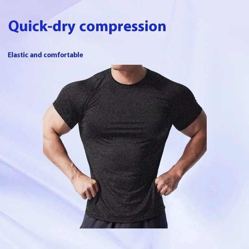 Men's grey quick-dry stretch running t-shirt on a hanger.