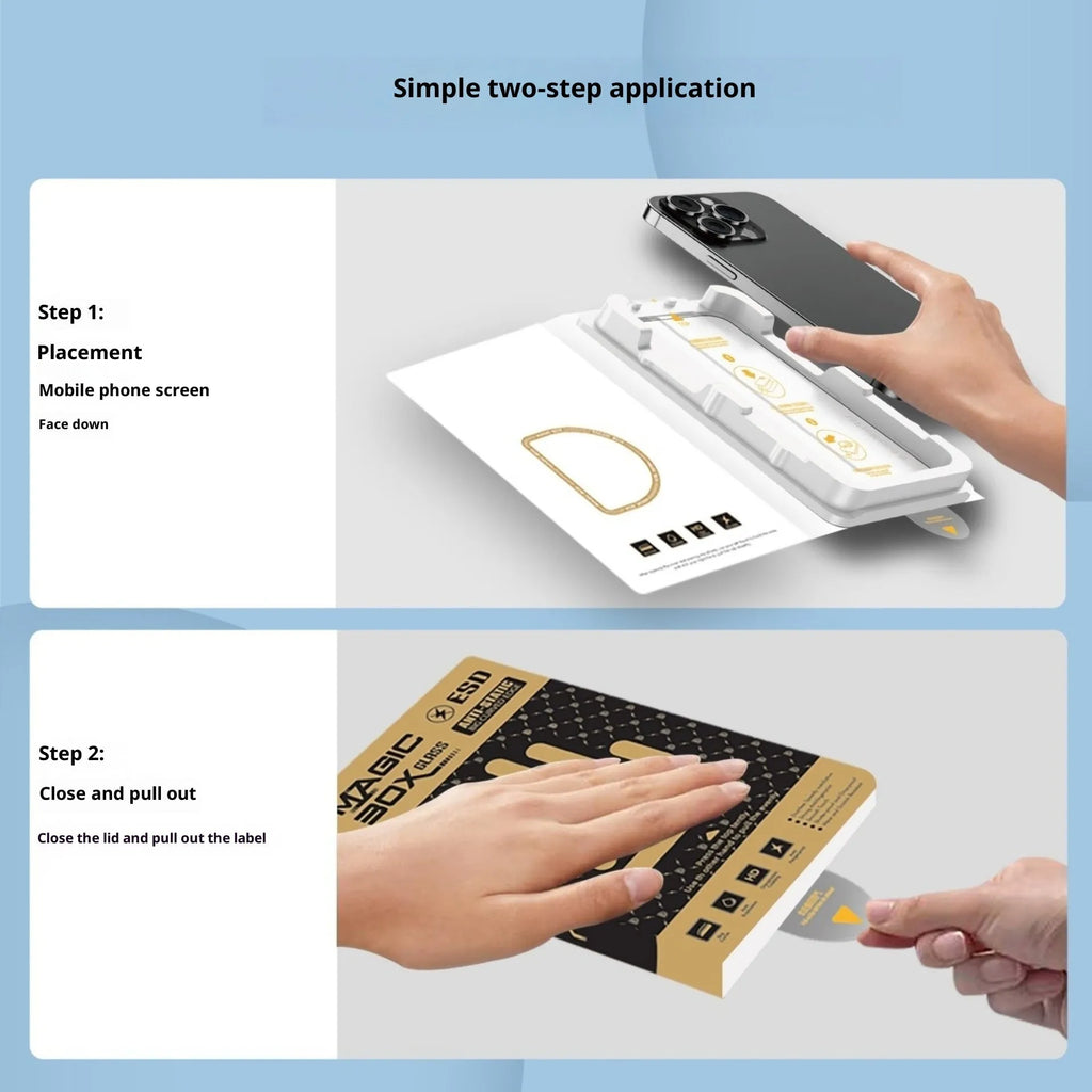 Black Magic Box tempered glass screen protector with dust-free chamber for iPhone models