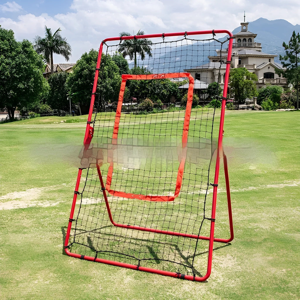 Red adjustable portable baseball training net with metal frame