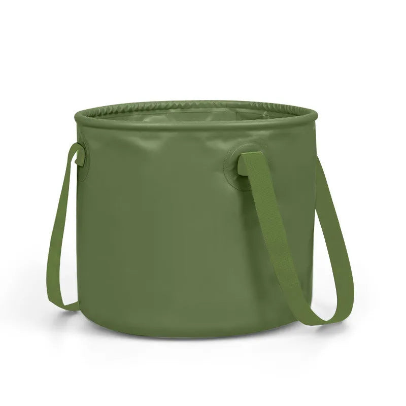 Army green folding telescopic storage duct with PVC mesh construction and ribbon handles