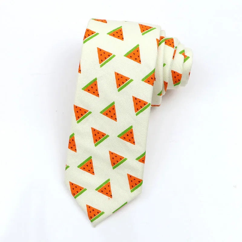 Korean style narrow men's cotton bow tie with a printed cartoon pattern in a selected colour.