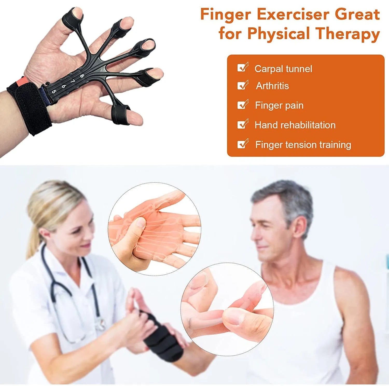 Black and grey silicone finger flexion and extension trainer with adjusting belt for hand rehabilitation.