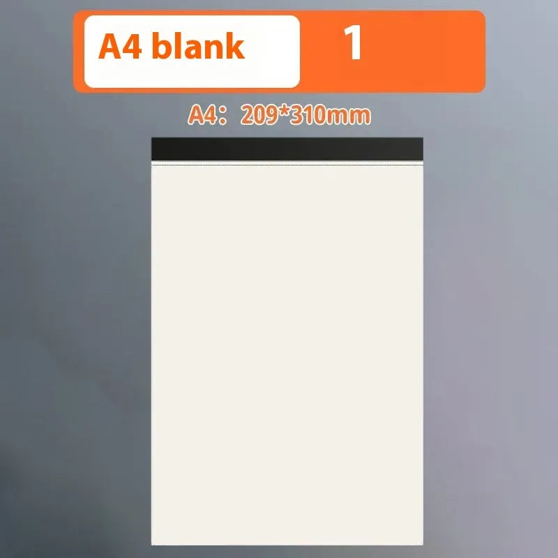 Set of writing pads in A5, B5, and A4 sizes showing blank, grid, and horizontal line page rulings.