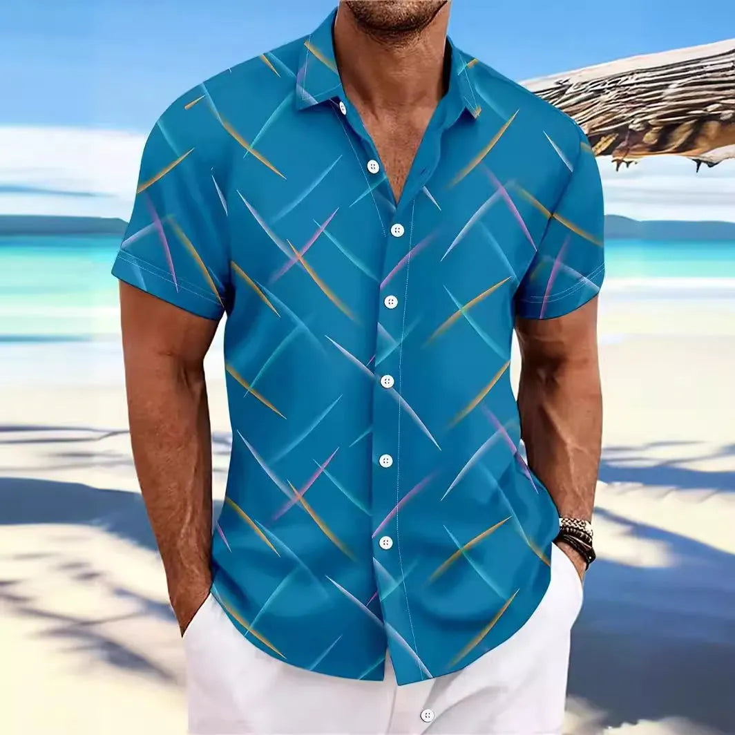 Men's casual beach short sleeve button shirt with striped feather pattern in loose fit polyester fabric