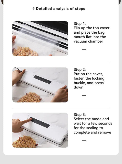 Compact white automatic vacuum sealer machine for household food preservation and item storage