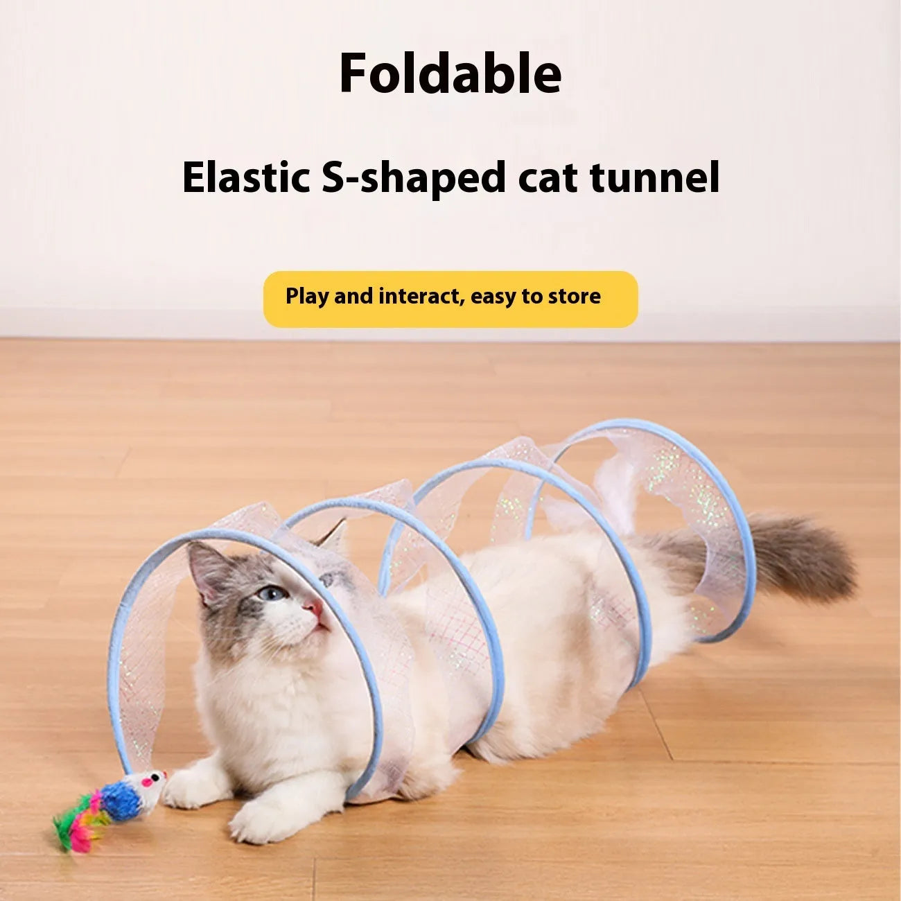 S-type cat tunnel toy with steel frame, mesh sides and dangling feather for feline play