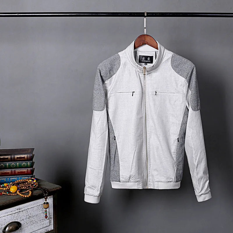 Men's heather grey casual linen jacket on a hanger, showing regular fit and thin cotton fabric.