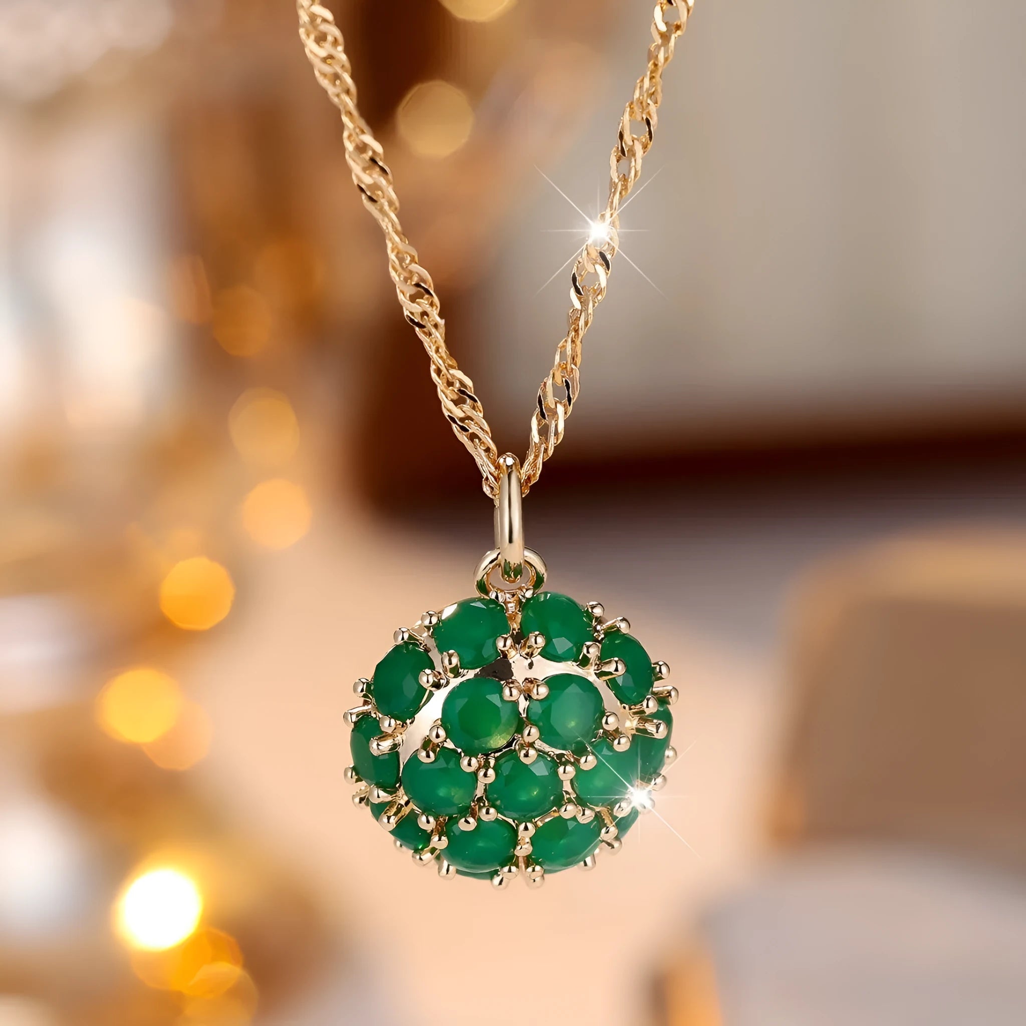 Copper electroplated women's necklace with round emerald diamond pendant on adjustable chain