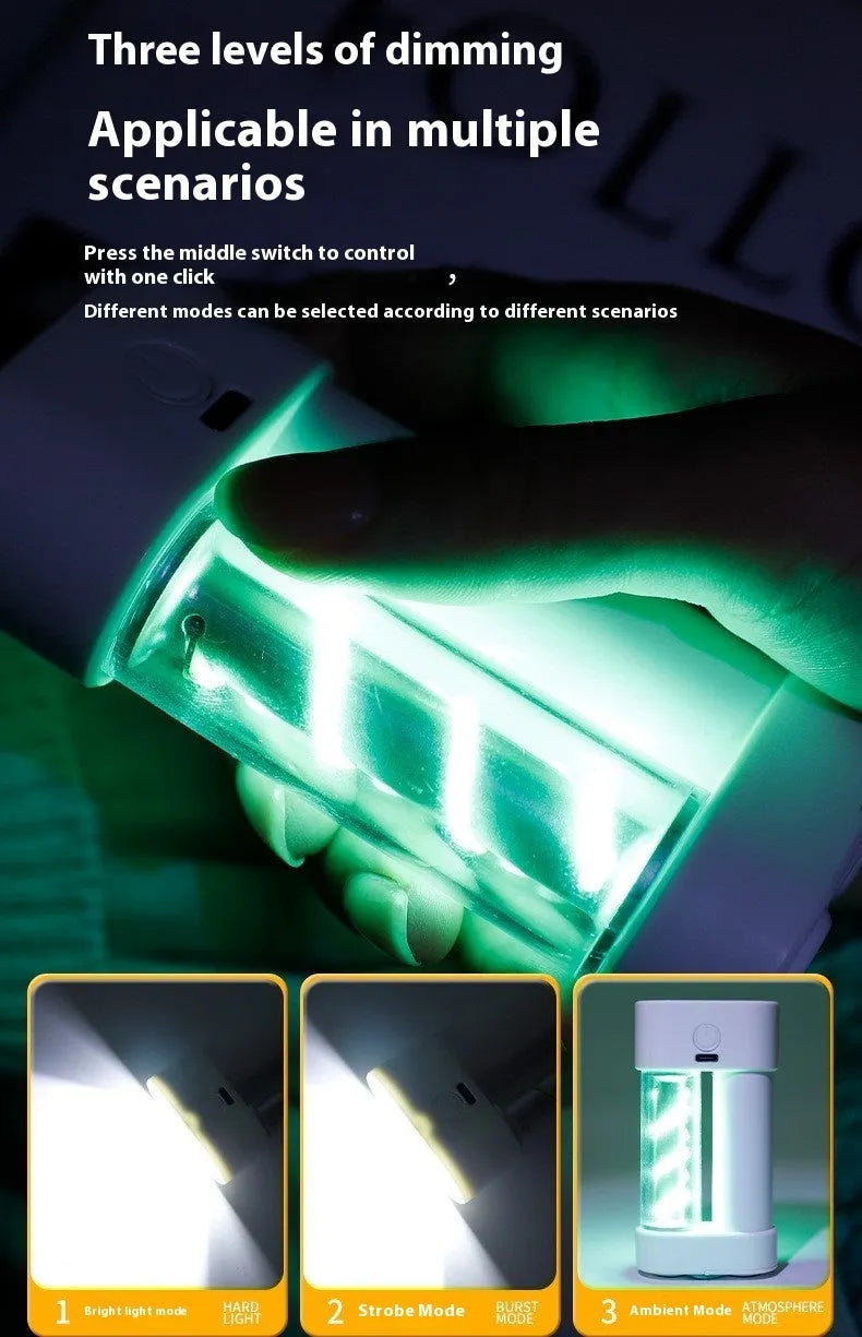 White ABS camping hanging light with USB charging port, 5W output, suspended from a tent loop