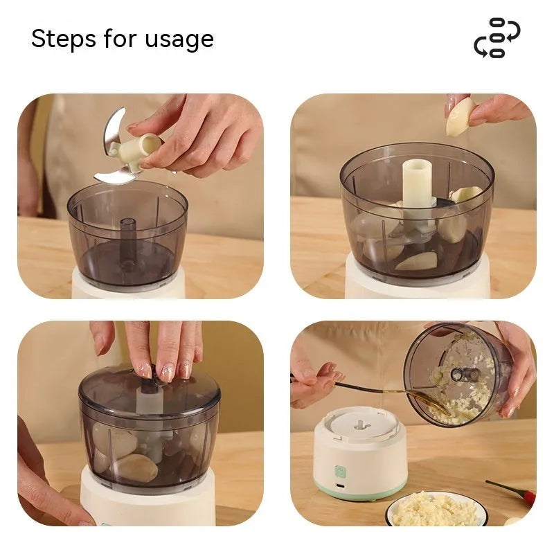 Mini USB rechargeable meat grinder with transparent bowl on anti-slip mat