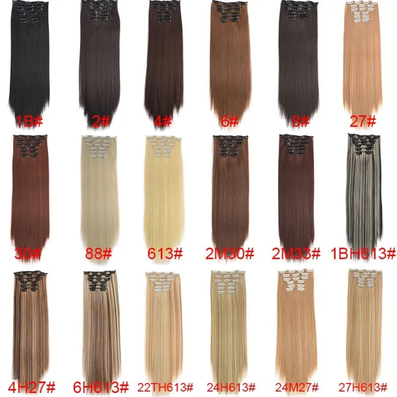 6-piece long straight synthetic wig extensions in 60cm length with multiple colour options