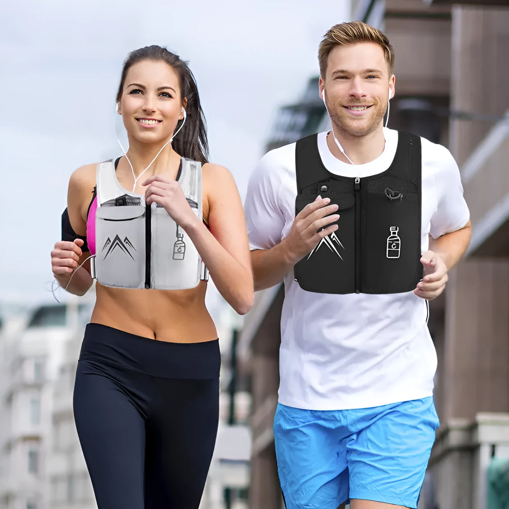 Breathable mesh sports running vest with integrated mobile phone pocket, shown in classic black colour.