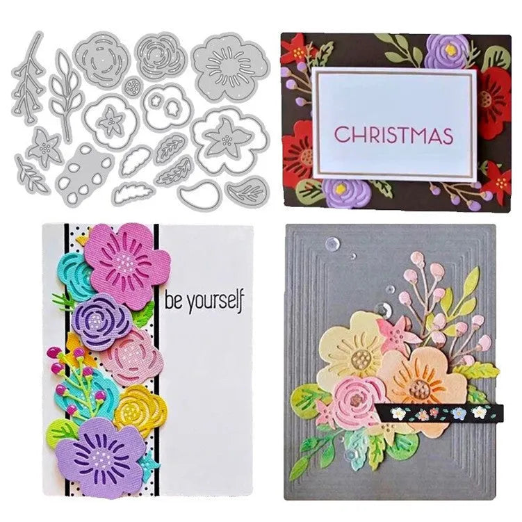 Silver carbon steel craft die with etched flower design for paper cutting, measuring 14.3 by 9.9 cm.