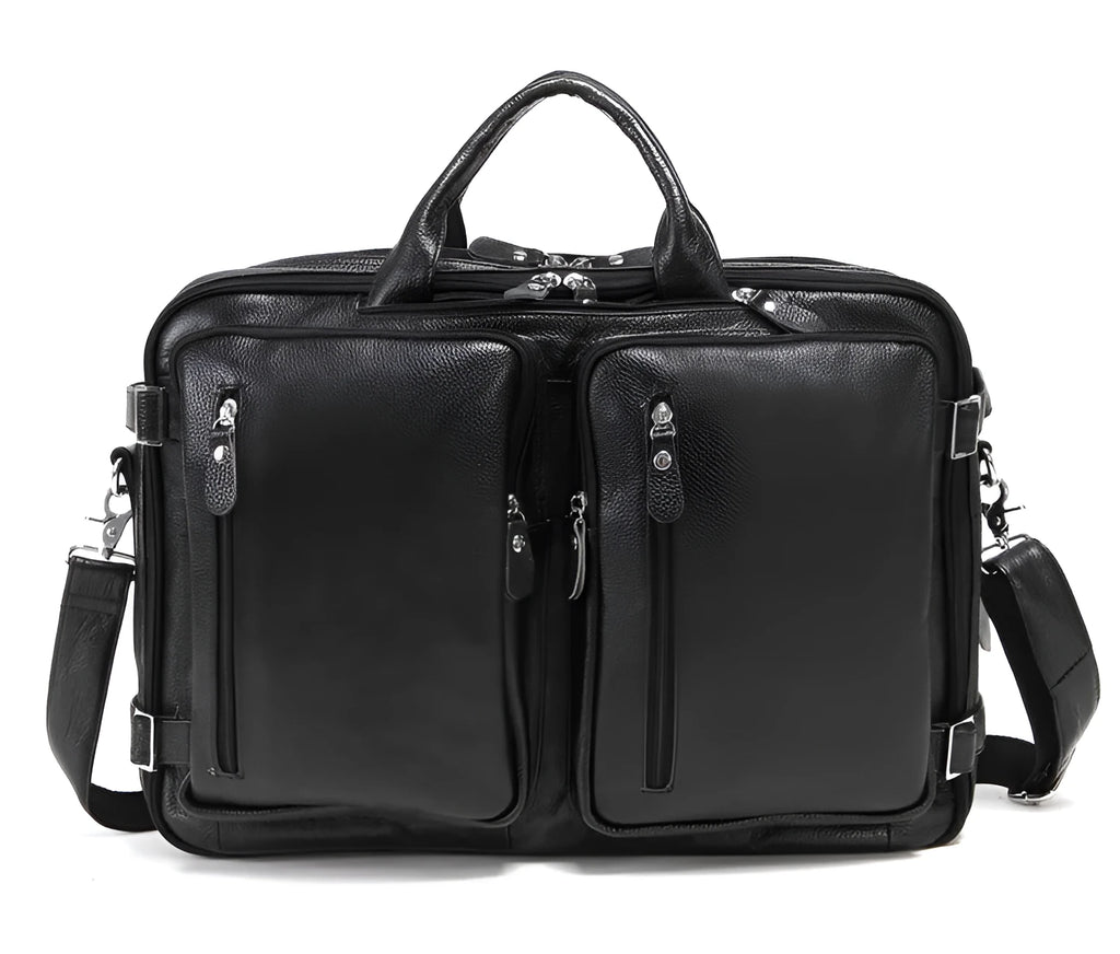 Black large leather handbag horizontal square shape with zipper closure and multiple internal compartments