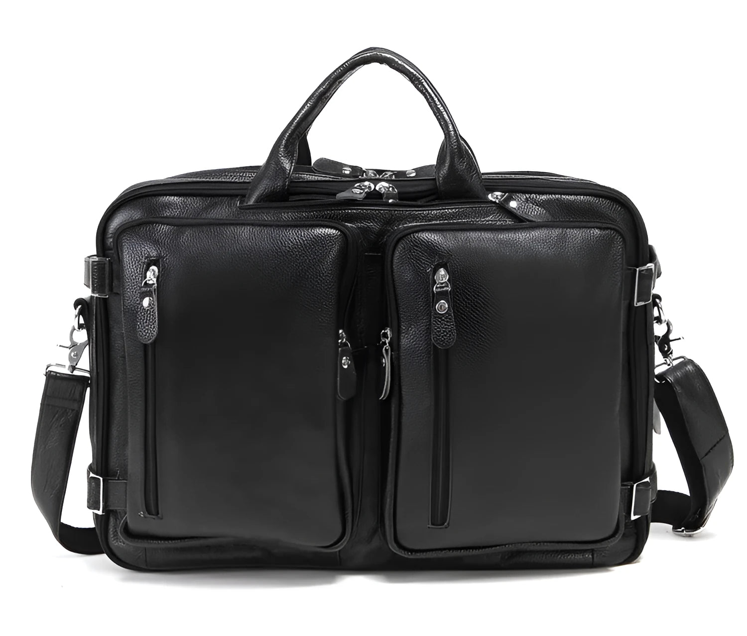 Black large leather handbag horizontal square shape with zipper closure and multiple internal compartments
