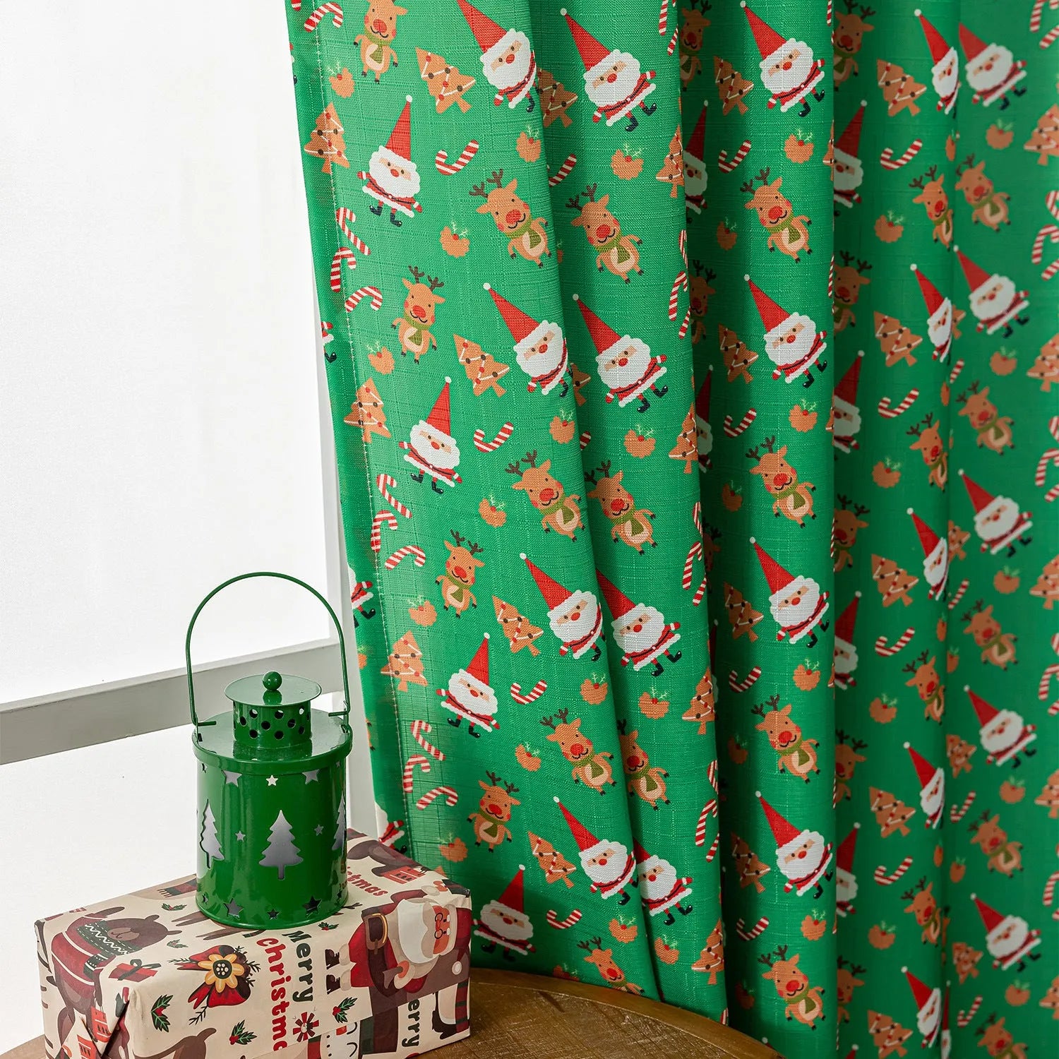 Green and red Christmas curtain with snowman and angel cartoon print, American style 1 metre window decoration