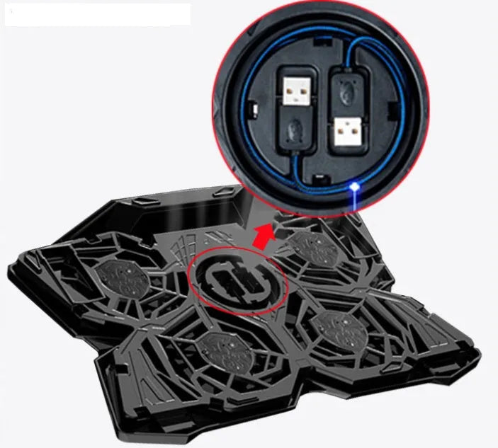 Blue computer cooling base with four LED fans and USB ports for desktop heat dissipation