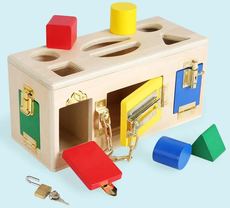 Wooden educational shape matching puzzle box for preschool children with geometric shapes