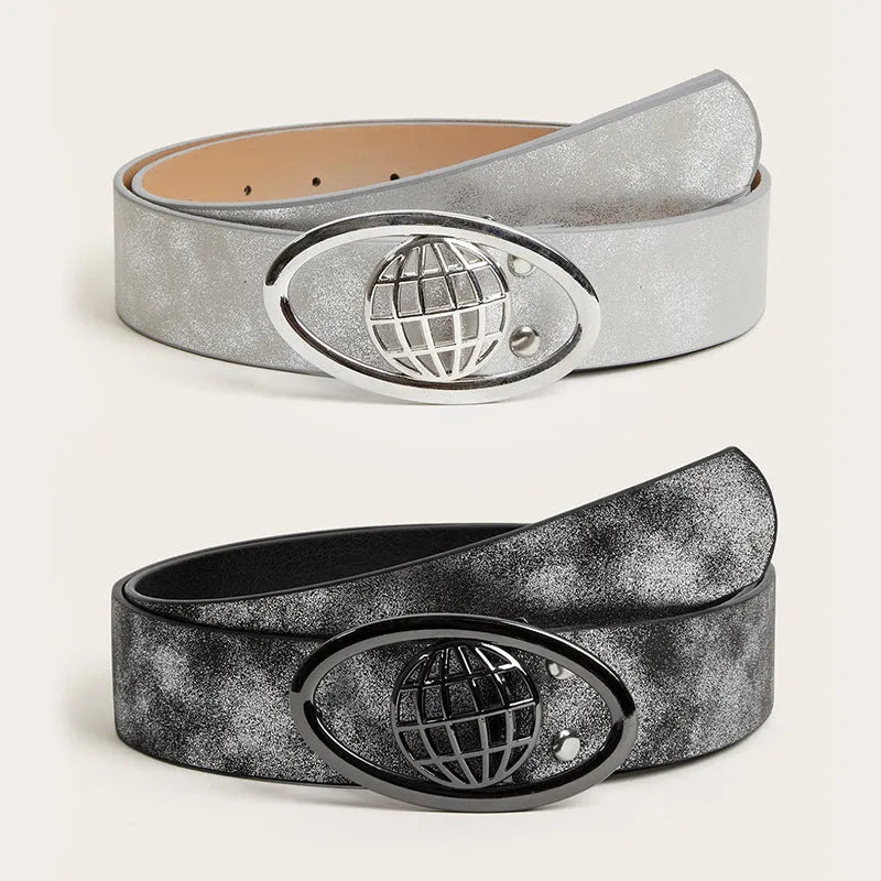 Retro thick women's PU leather belt with oval alloy buckle in earth style grey white colour