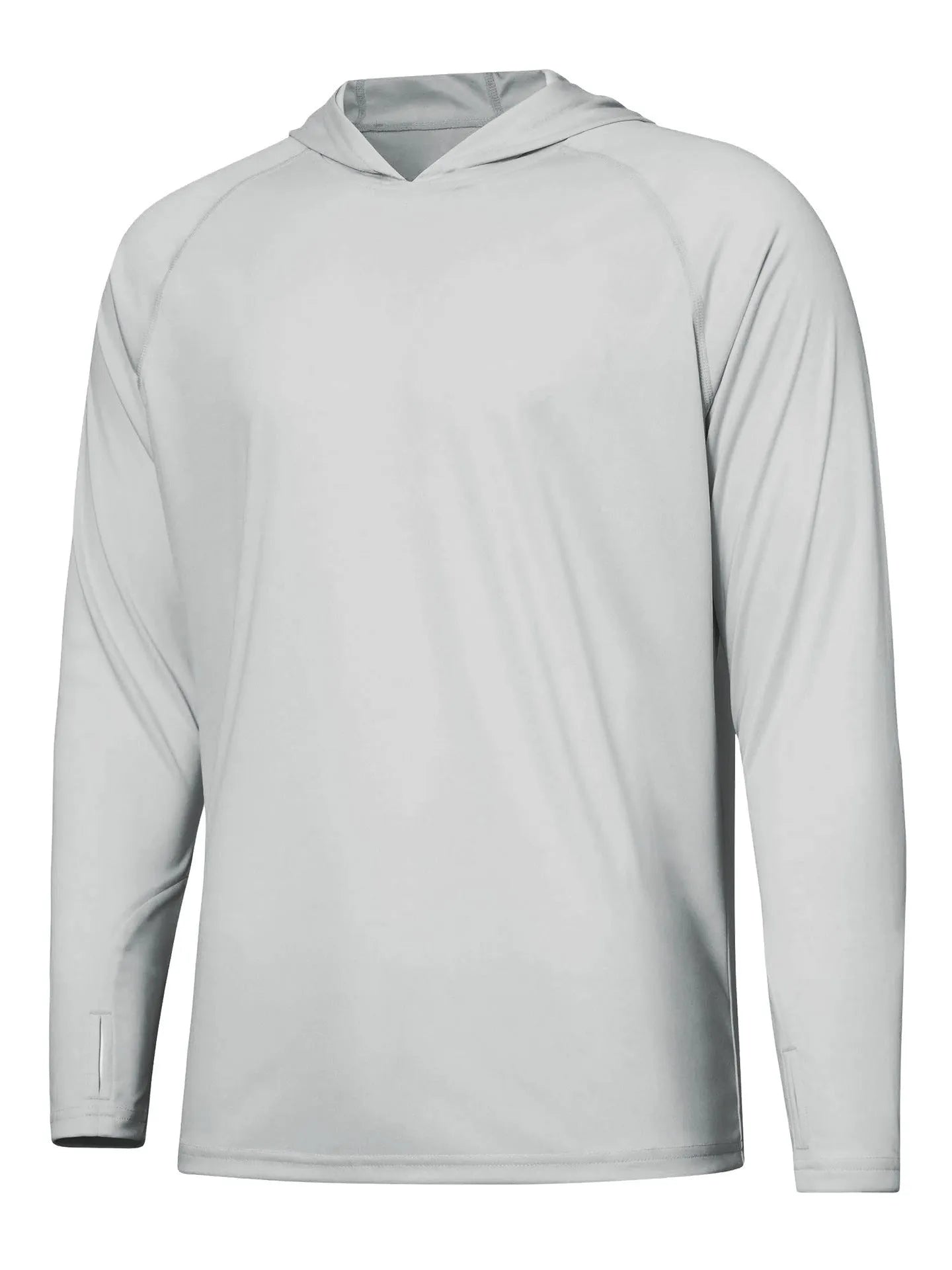Man wearing a solid colour long sleeve hooded top for outdoor fishing or hiking.