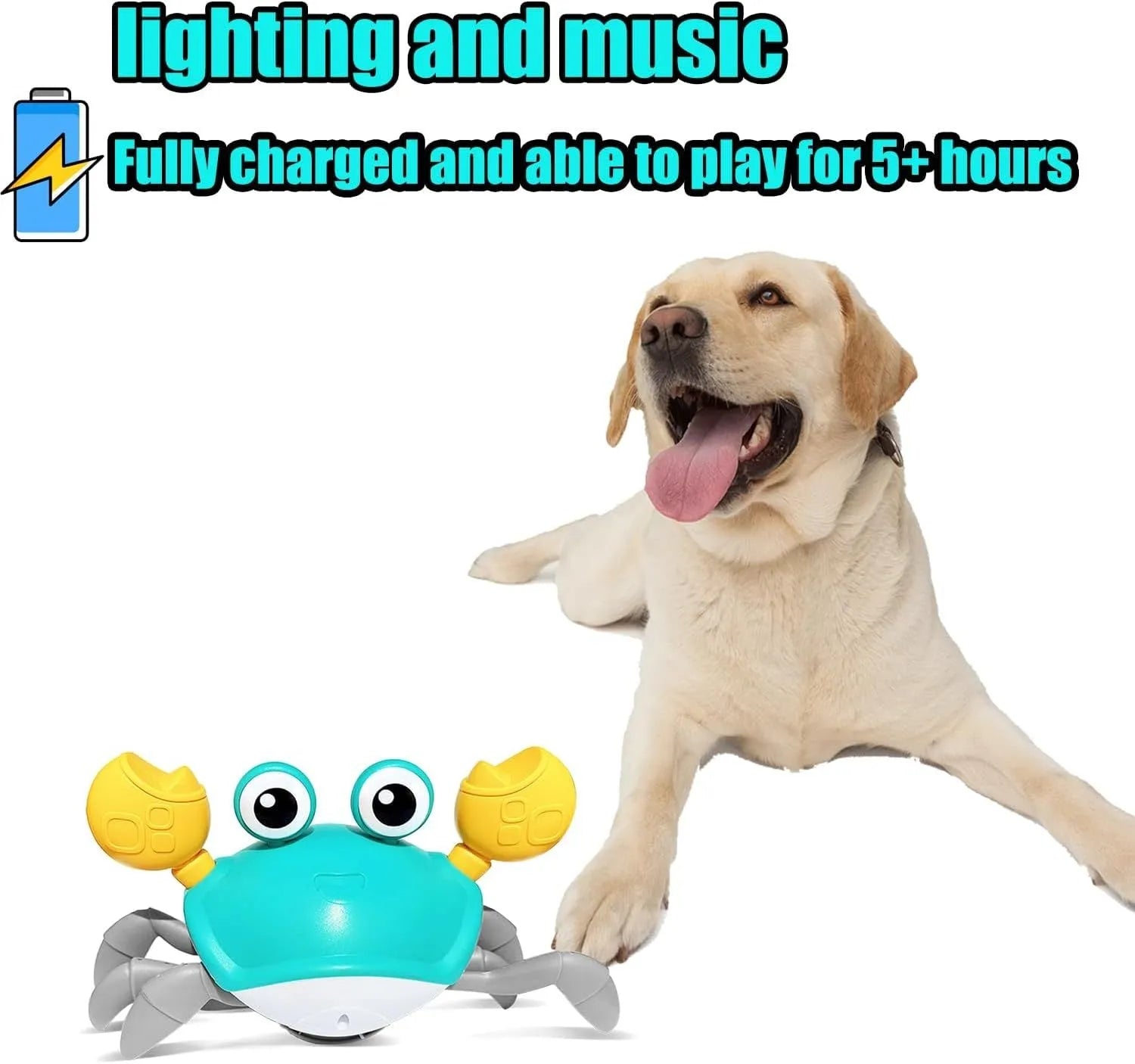 Blue interactive electronic crab dog toy crawling on floor with obstacle avoidance sensors and lights.